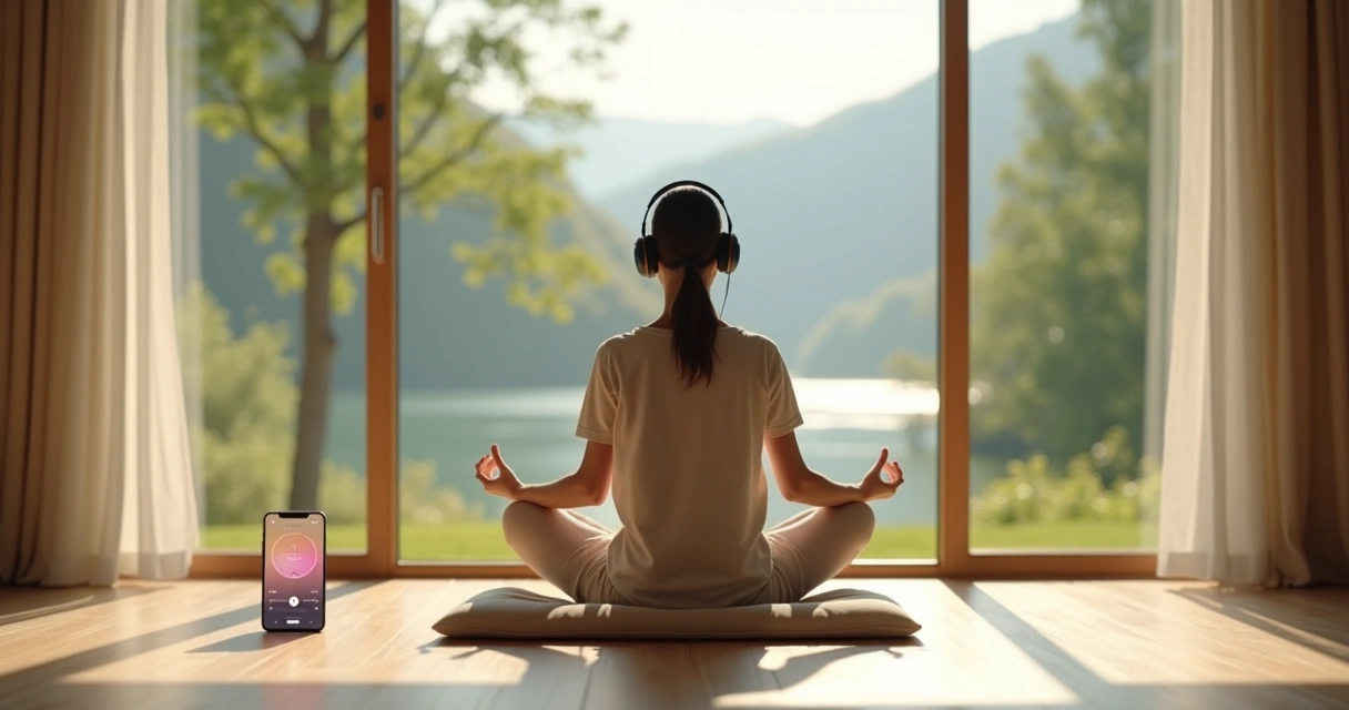 Pessoa sentada meditando com fones de ouvido em frente a uma grande janela com paisagem natural ao fundo 