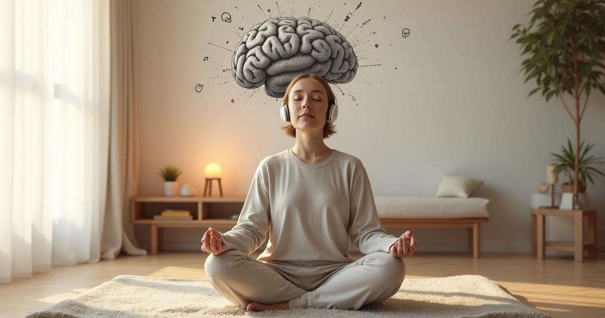 Pessoa em meditação guiada com pensamentos intrusivos se desfazendo ao fundo 