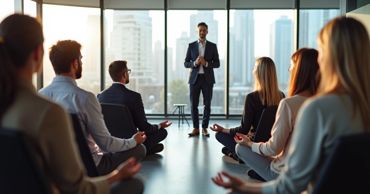 Grupo de pessoas sentadas em círculo meditando em sala de empresa