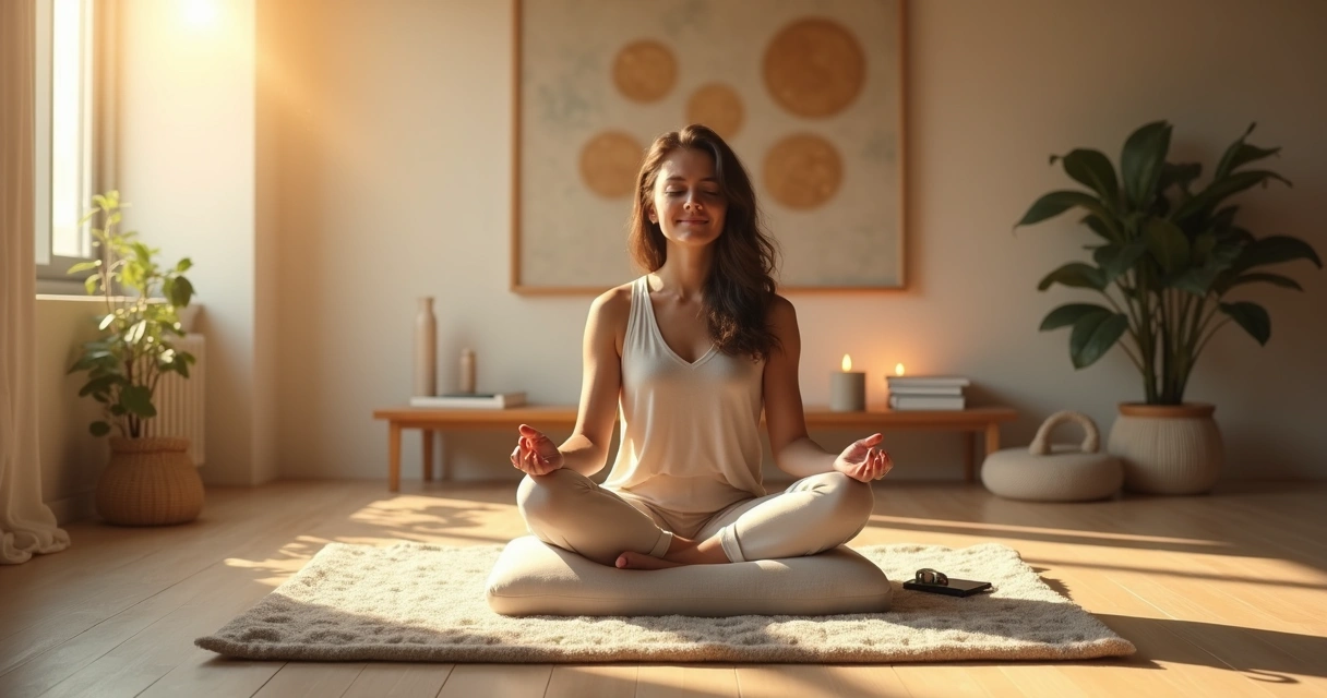 Pessoa em meditação guiada em sala tranquila com luz suave 