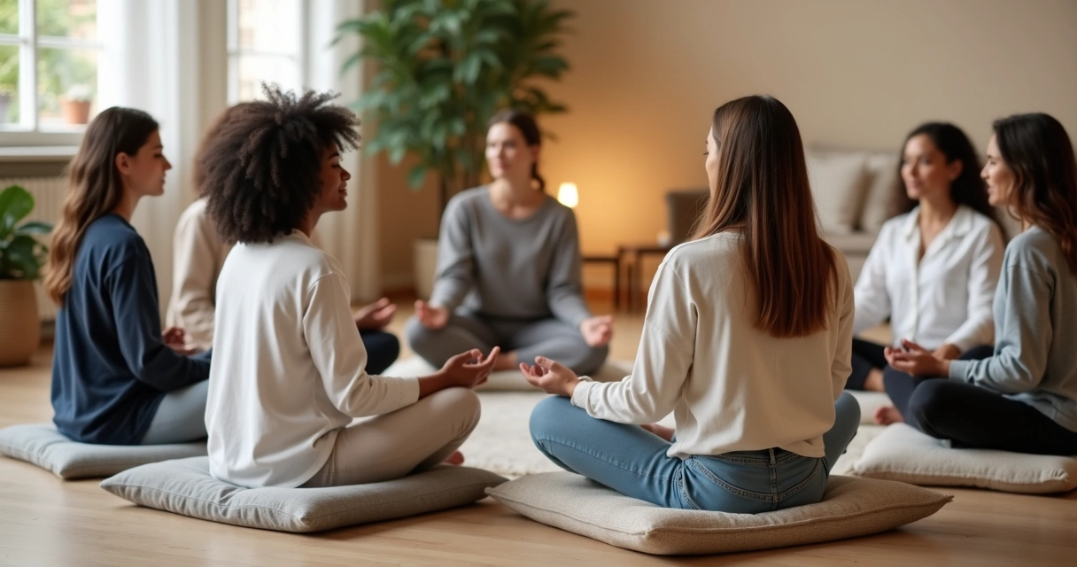 Grupo sentado em círculo praticando meditação guiada em ambiente acolhedor 