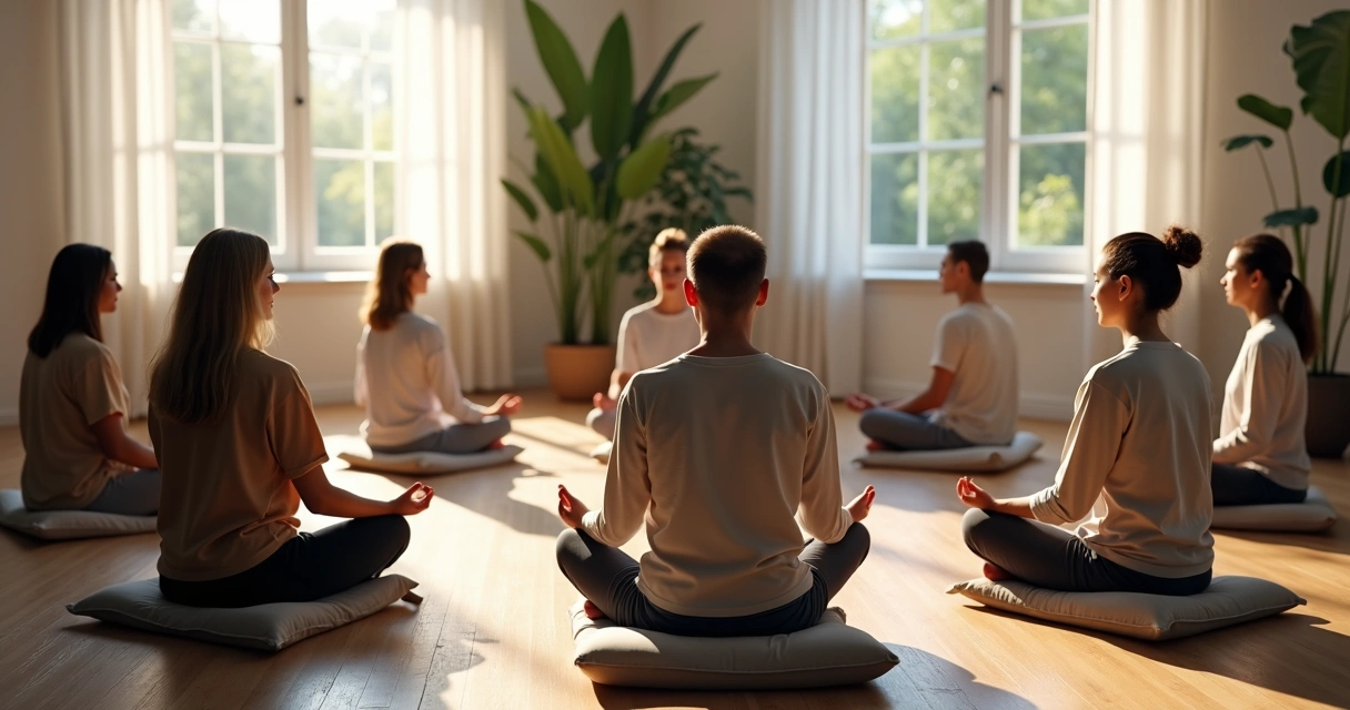 Grupo sentado em círculo, praticando meditação guiada em sala com luz suave 