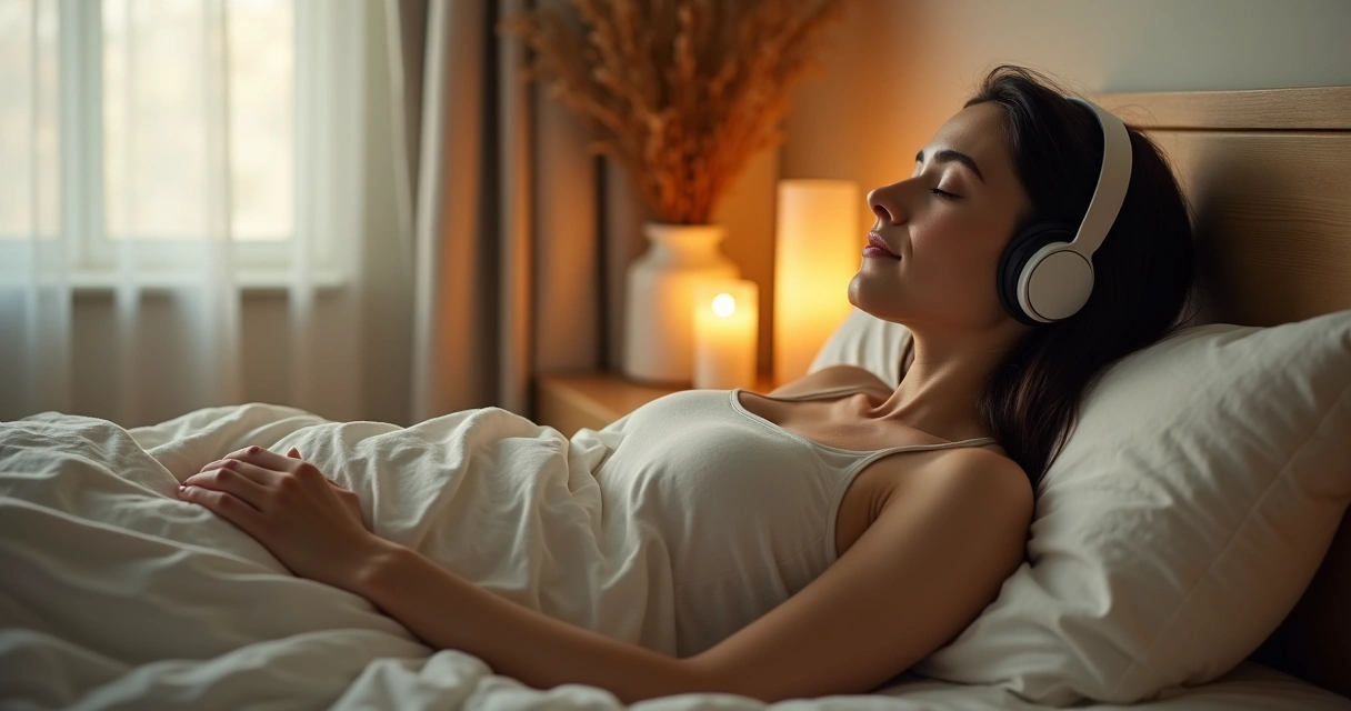 Pessoa deitada em quarto pouco iluminado, ouvindo meditação com fones de ouvido 