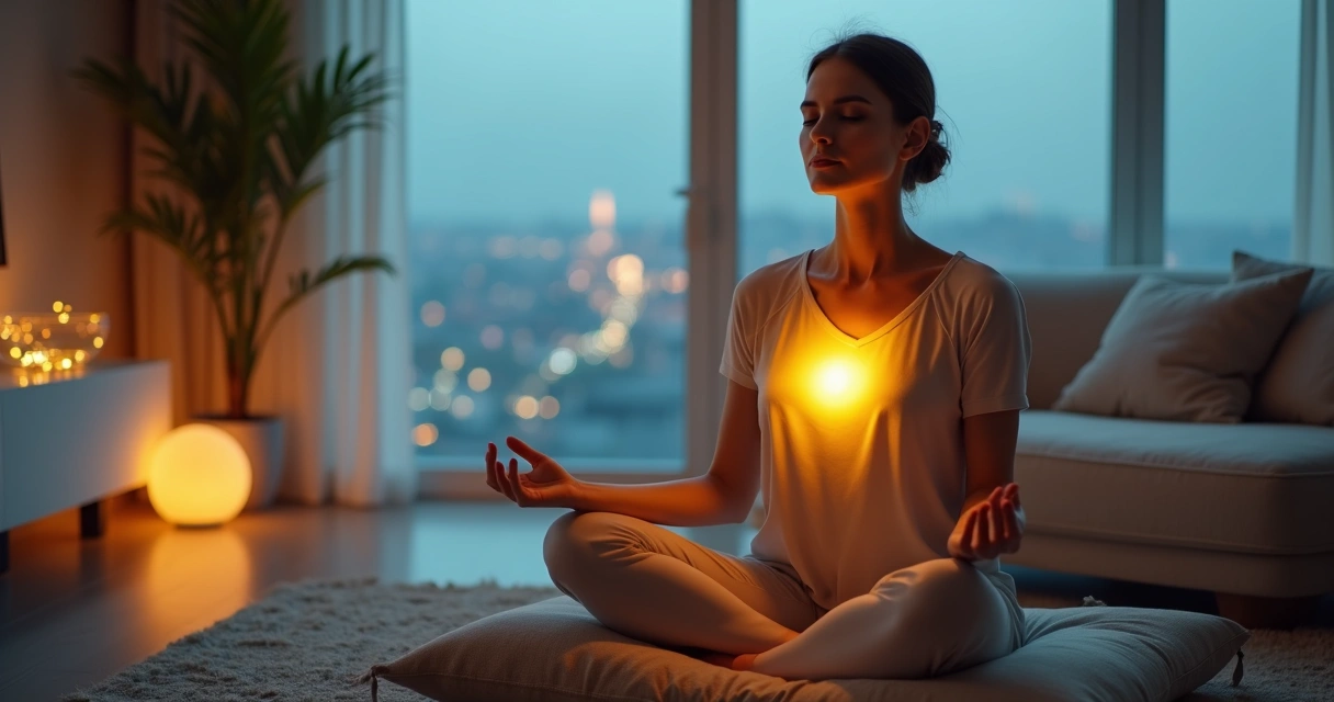 Mulher em meditação guiada com luz suave irradiando do peito 