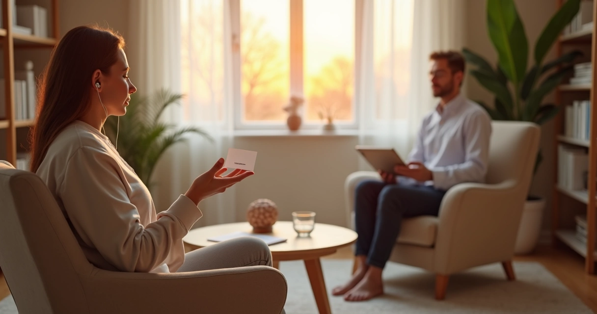 Pessoa em sessão de meditação guiada segurando cartão de valores em consultório acolhedor 