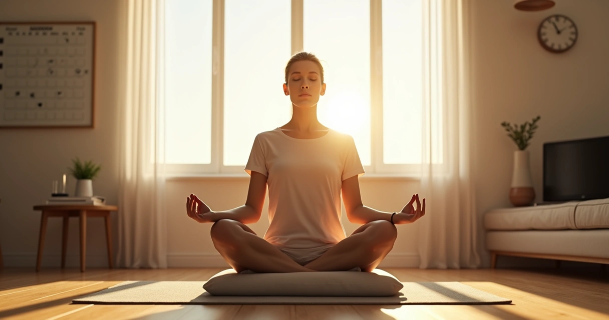 Pessoa meditando em casa com luz suave e rotina organizada ao redor 