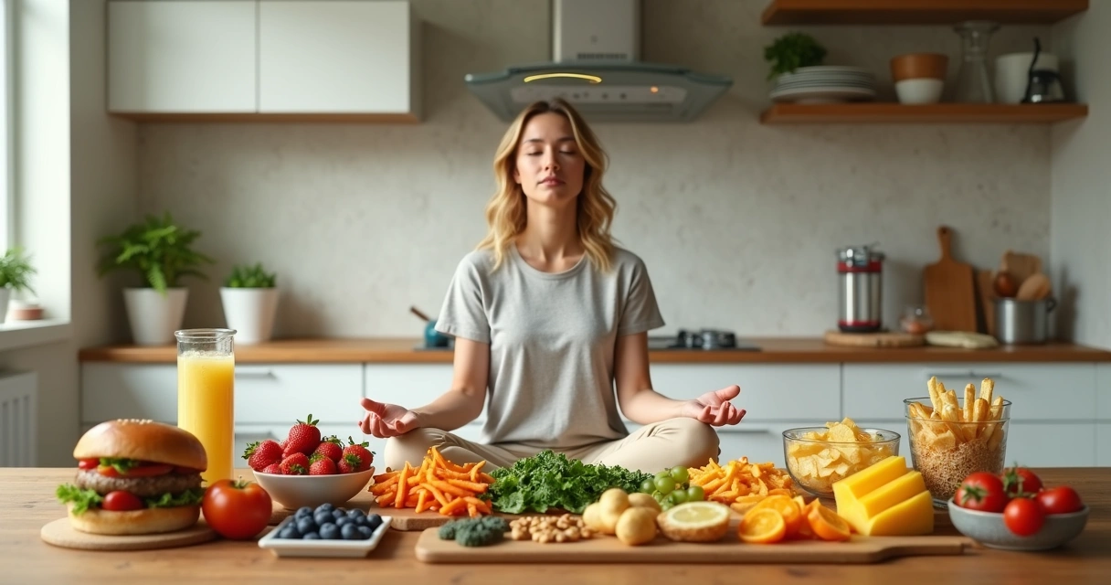 Pessoa em meditação diante de mesa com alimentos saudáveis e ultraprocessados separados 