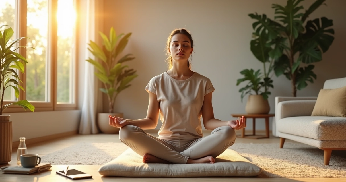 Pessoa sentada meditando em casa com luz da manhã e plantas ao redor 