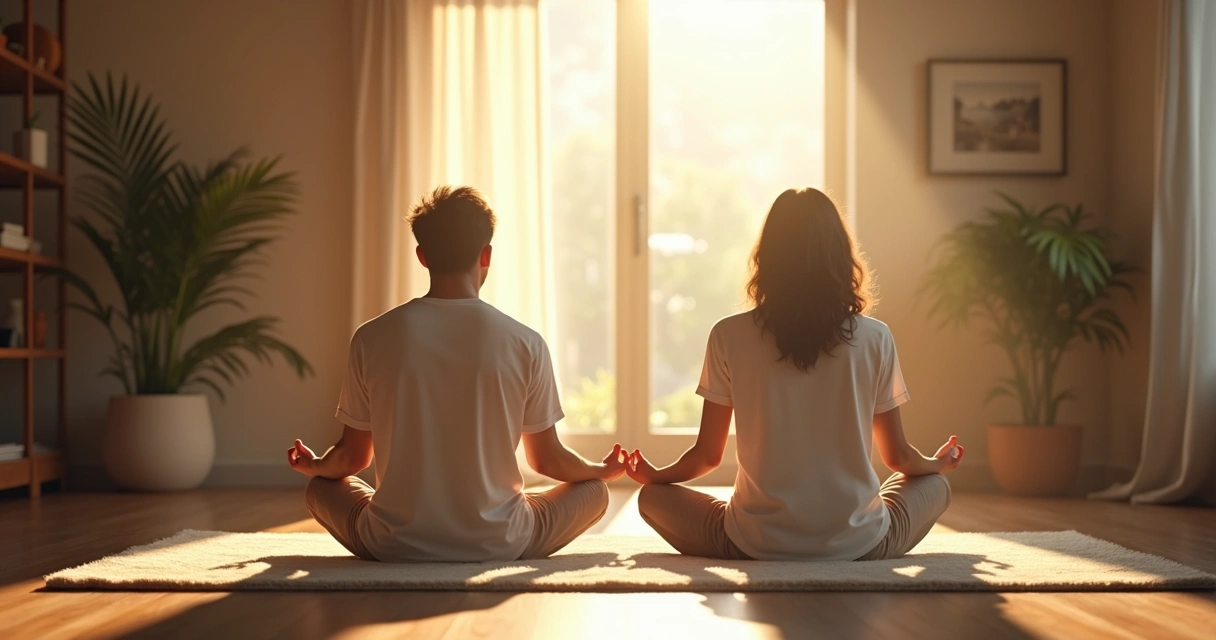 Casal sentado lado a lado em posição de meditação, com luz suave entrando por uma janela. 