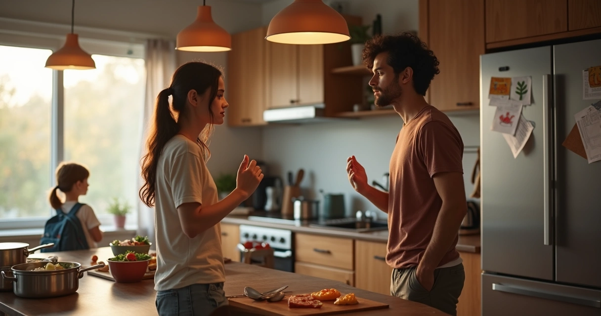 Casal em cozinha iluminada fazendo pausa de respiração para evitar discussão. 