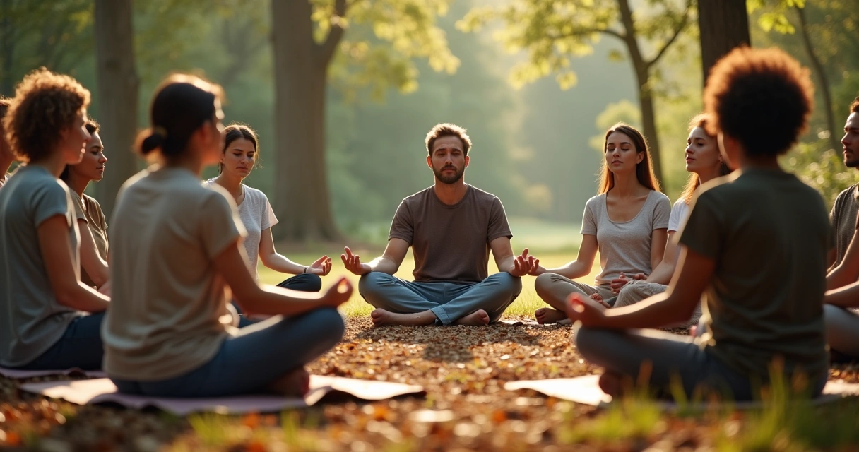 Grupo de pessoas meditando em círculo num ambiente natural, transmitindo serenidade e conexão.