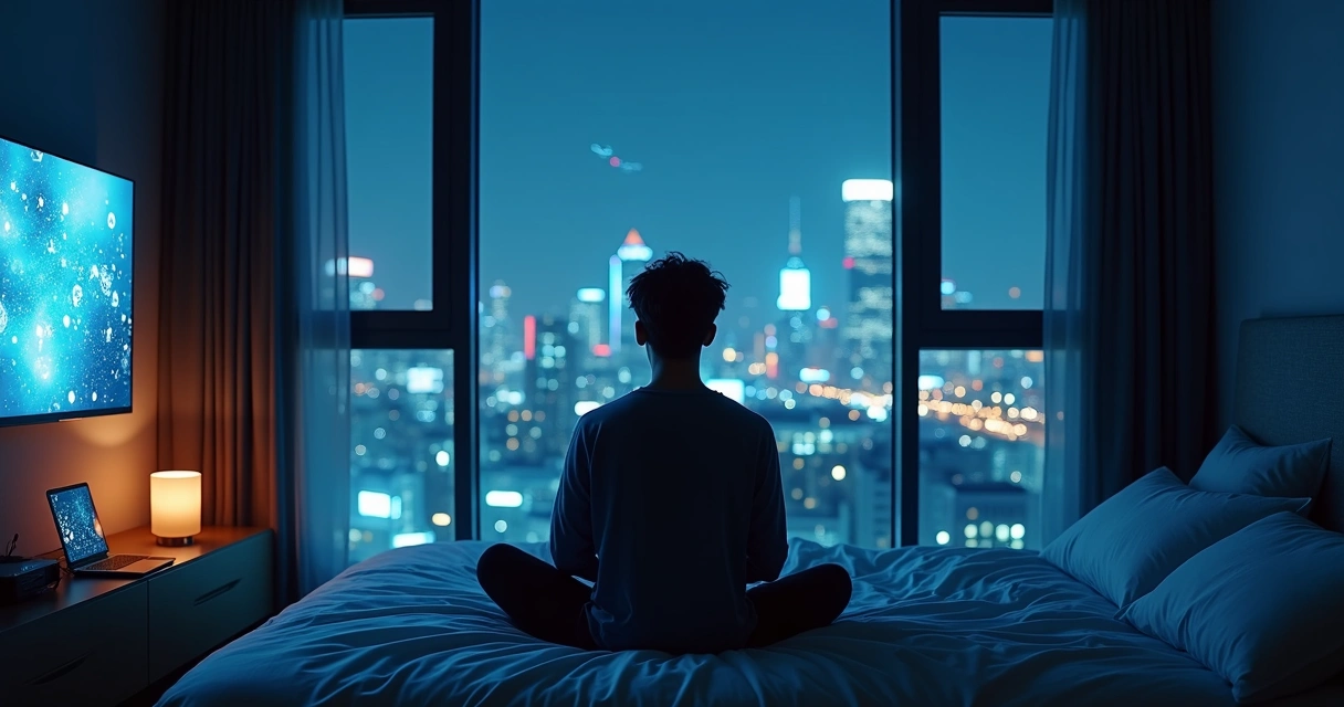 Pessoa meditando em quarto escuro iluminado por telas e cidade noturna ao fundo 