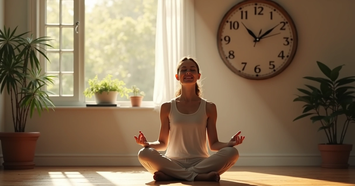 Pessoa meditando observando um relógio marcando 07:07 