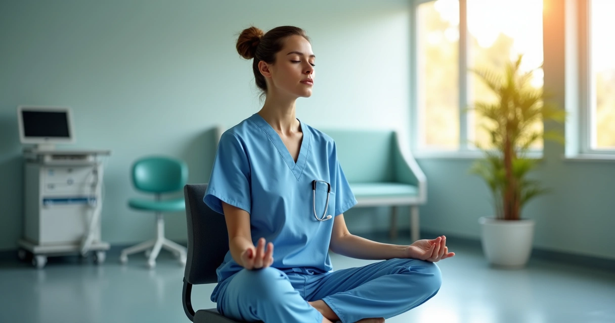 Profissional de saúde praticando mindfulness em espaço hospitalar 