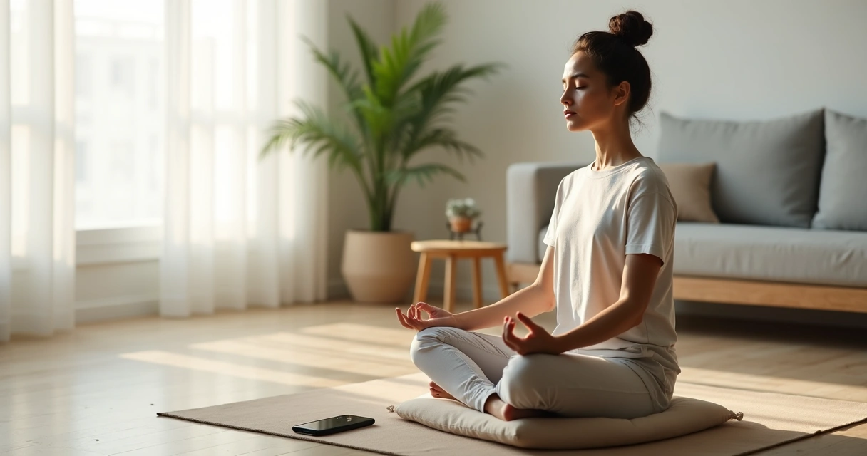Pessoa sentada em meditação em casa com expressão levemente impaciente e distraída 