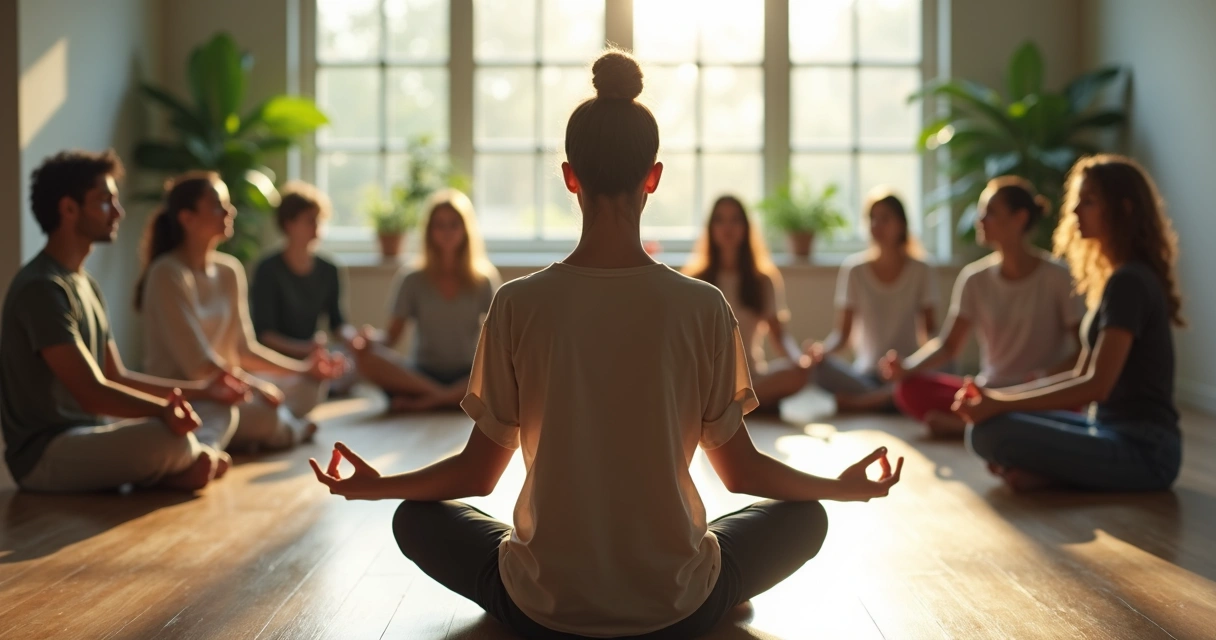 Pessoa meditando sentada e, ao fundo, grupo de pessoas em postura meditativa 