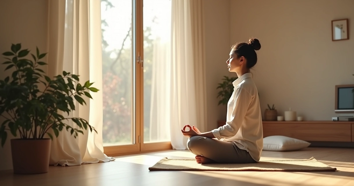 Pessoa meditando sozinha perto da janela em ambiente calmo 
