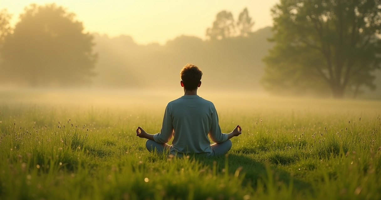 Pessoa sentada sozinha meditando em um campo verde sob a luz suave da manhã