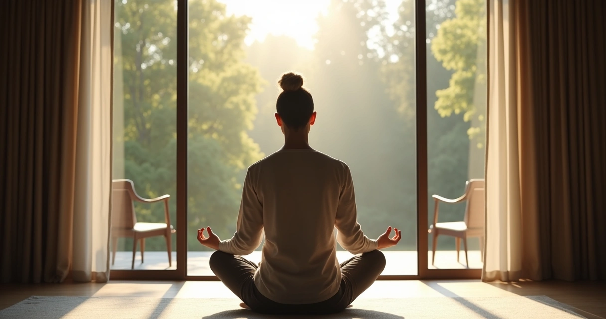 Pessoa sentada perto de janela, em posição de meditação, ambiente tranquilo 