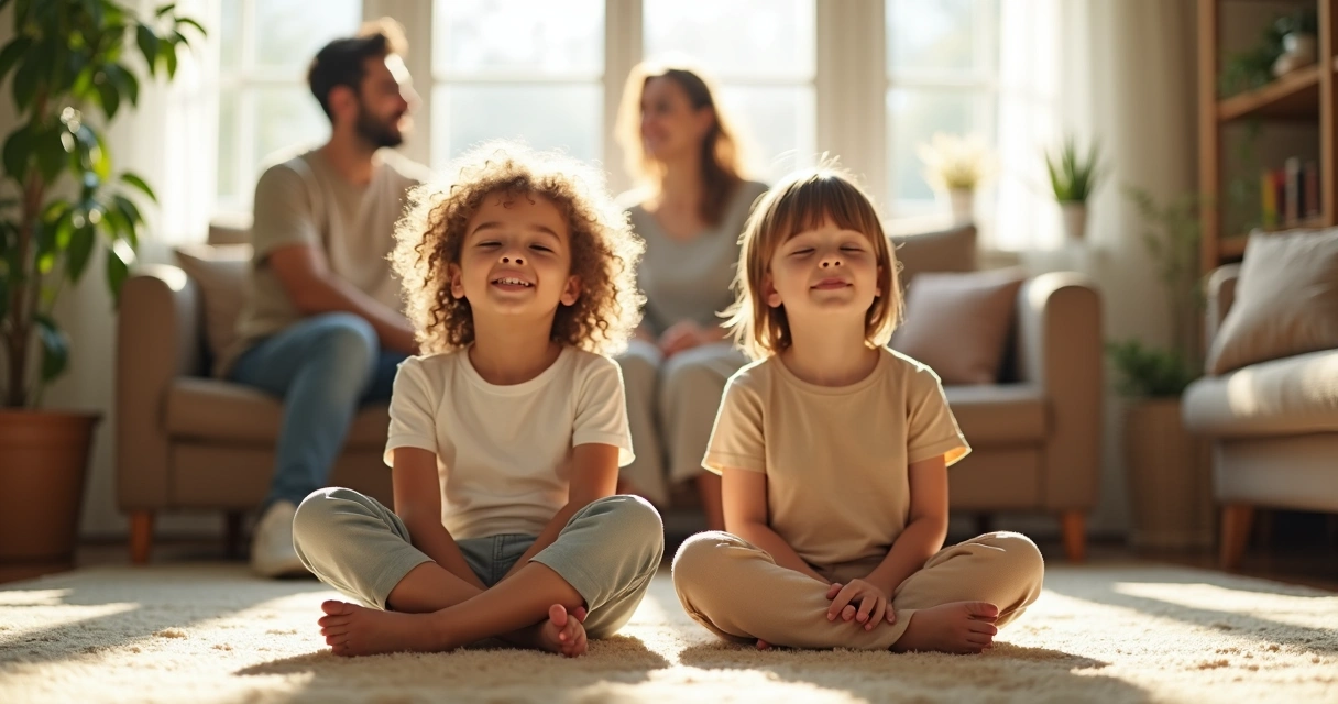 Crianças praticando meditação guiada com pais sentados juntos no tapete 