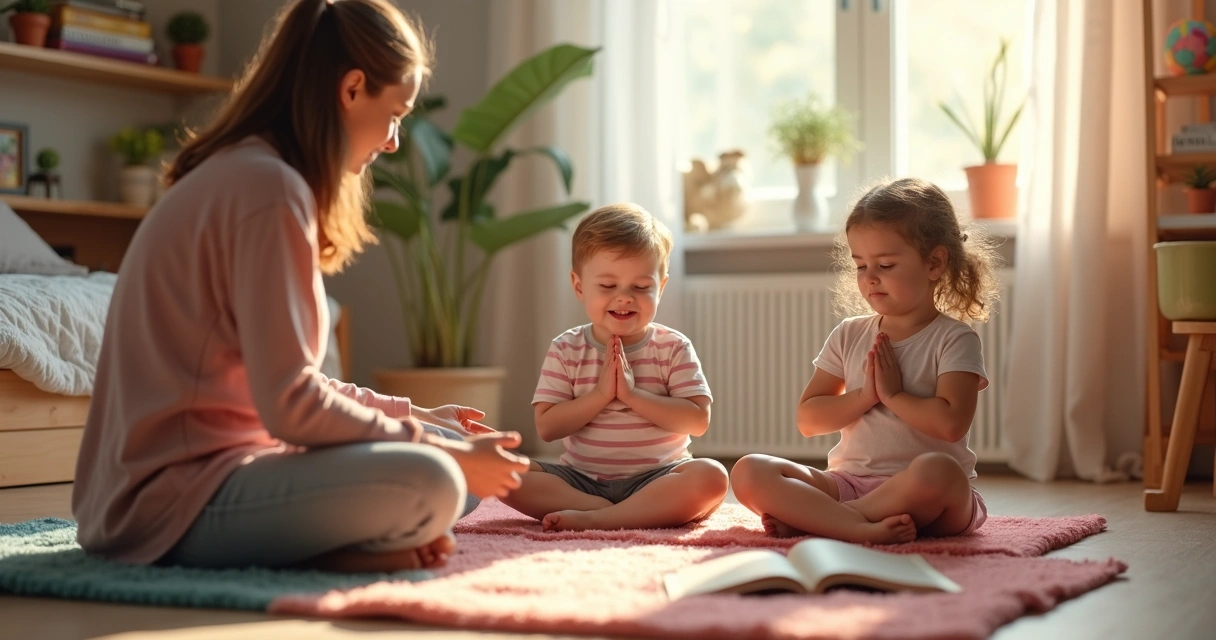 Adulto guiando meditação infantil com livro e almofadas coloridas