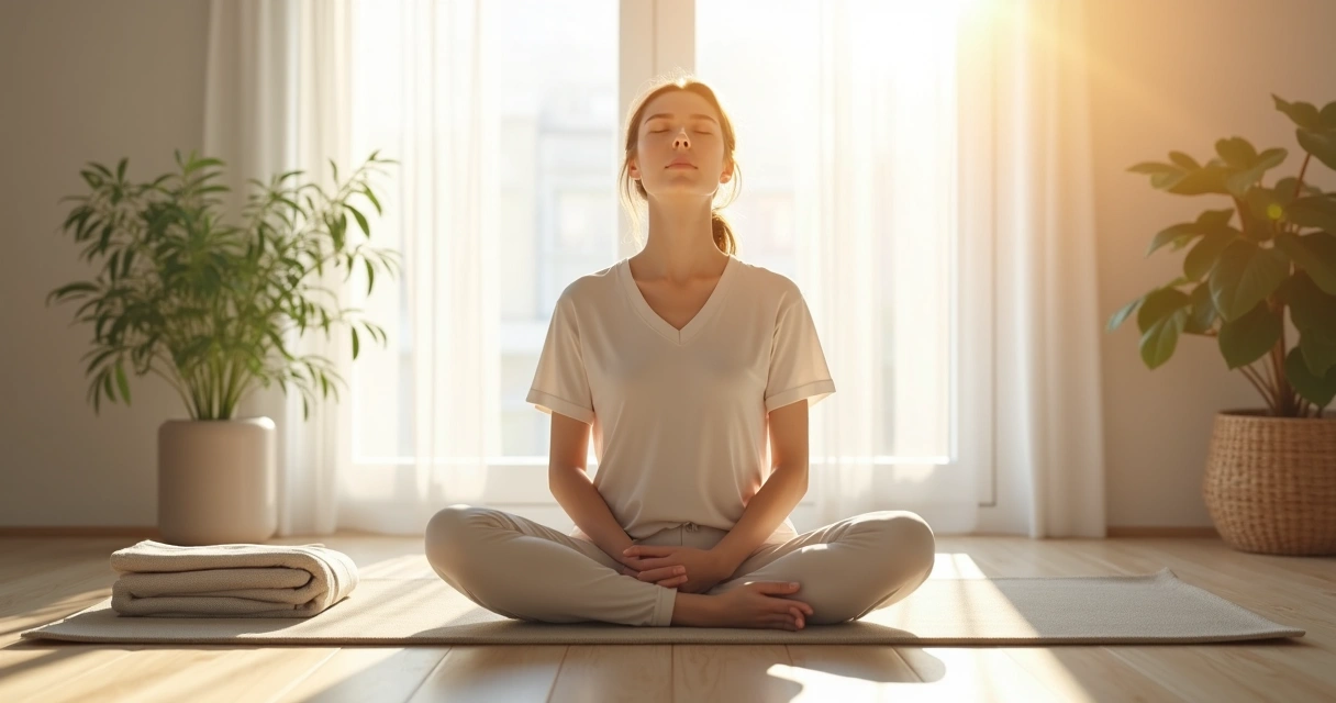 Pessoa sentada em tapete meditando próximo à janela