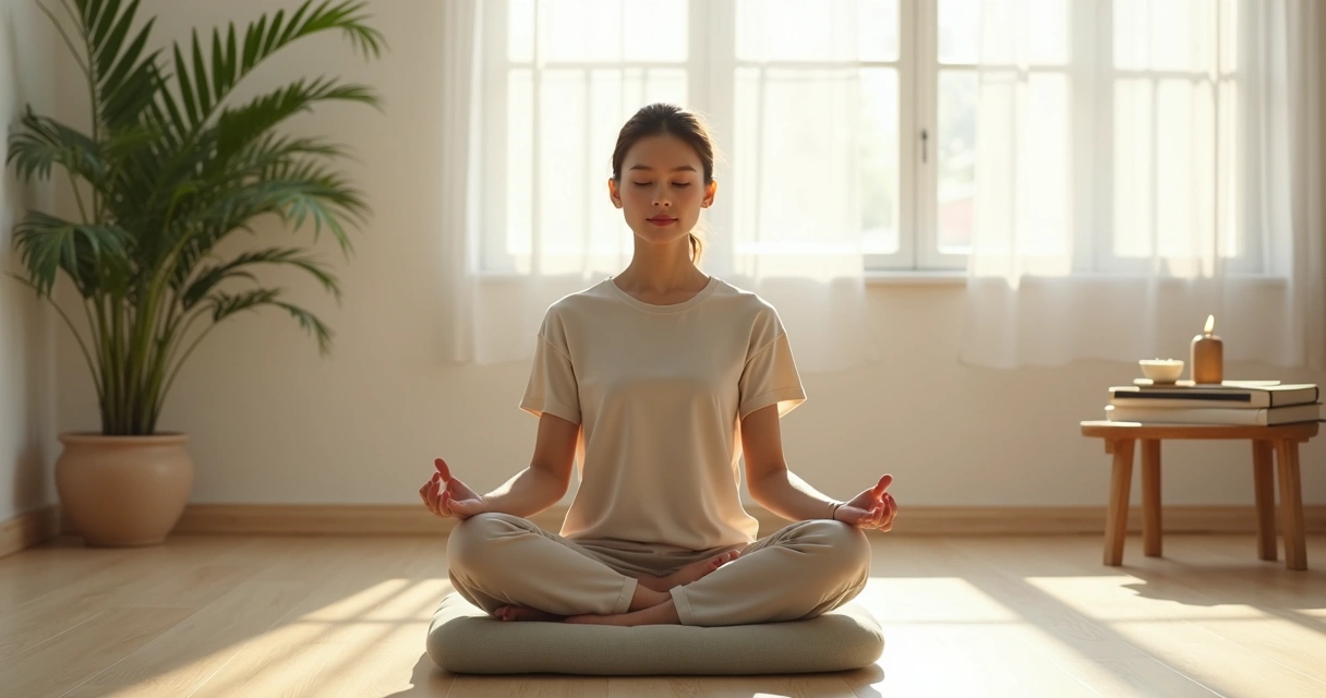 Pessoa iniciando prática de meditação em casa em posição de lótus 
