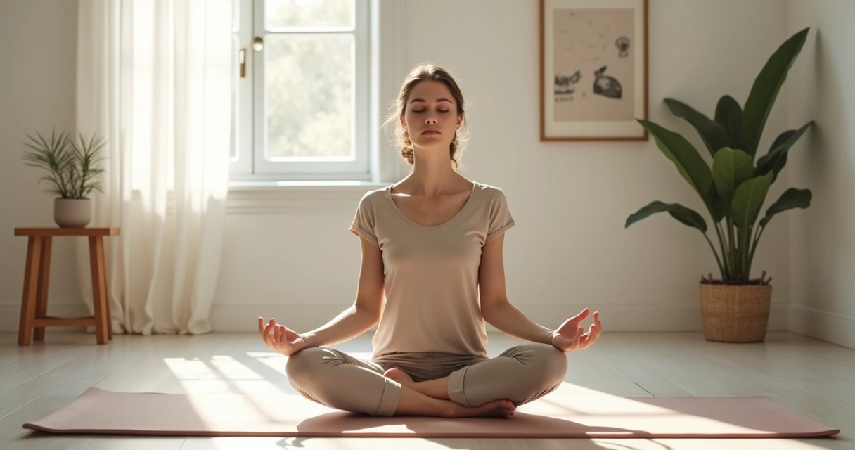Pessoa sentada em posição de meditação em uma sala tranquila 