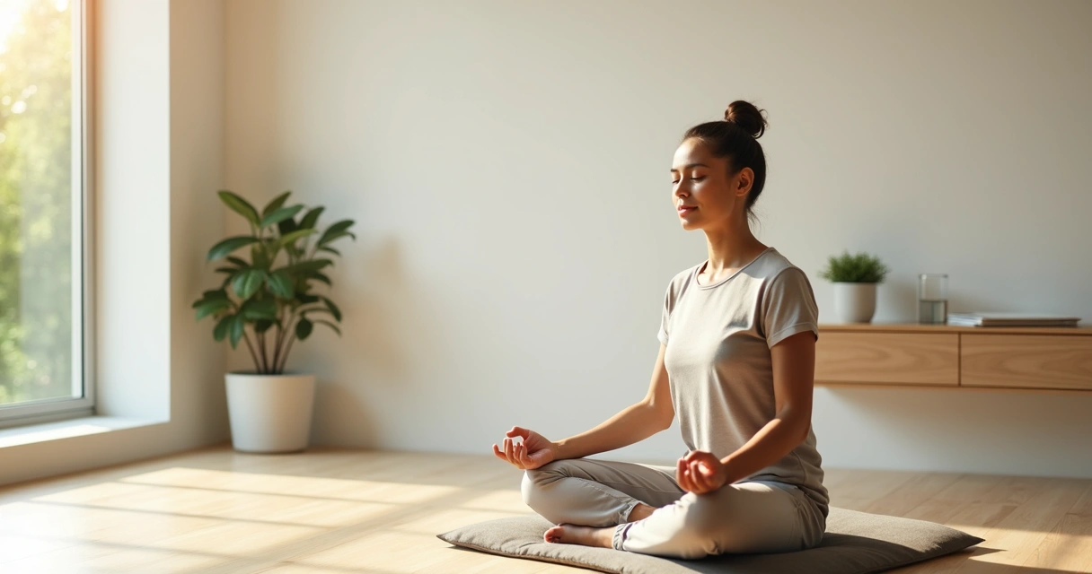Pessoa sentada meditando em posição confortável em uma sala clara e minimalista 