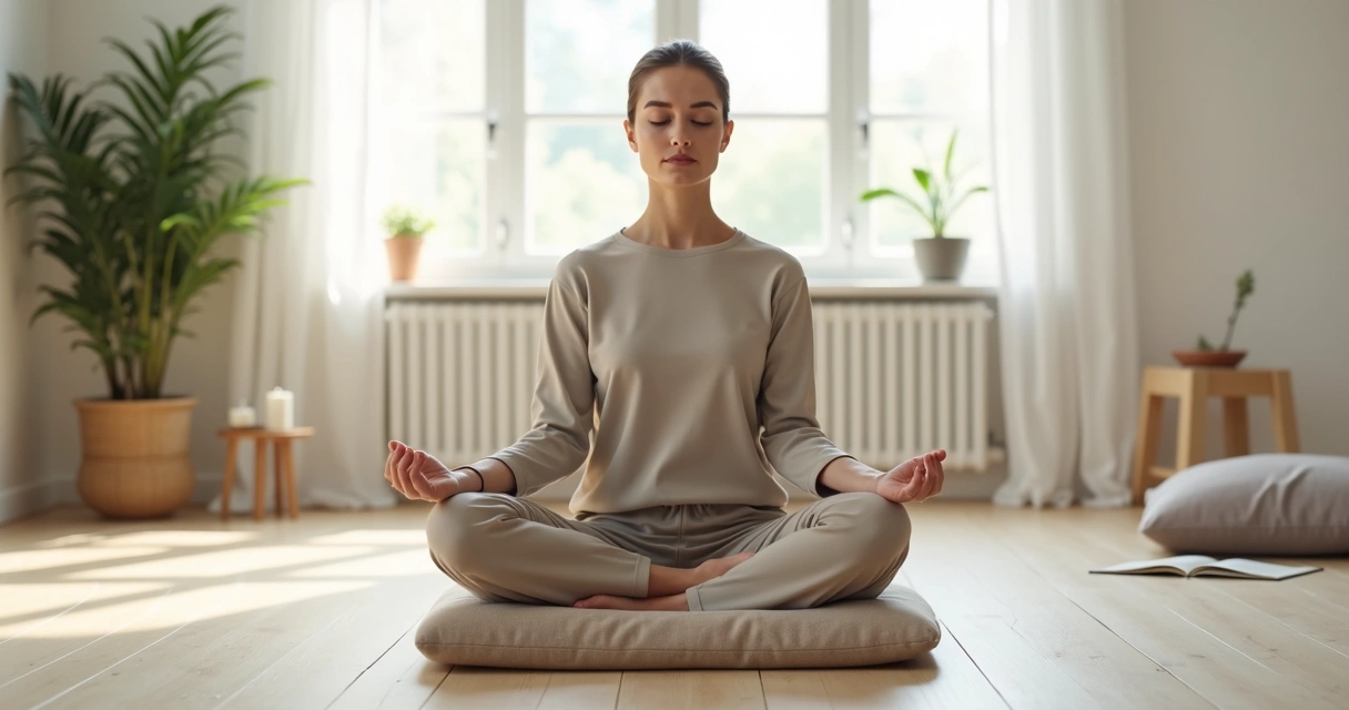 Pessoa sentada em posição de meditação em sala clara e minimalista 