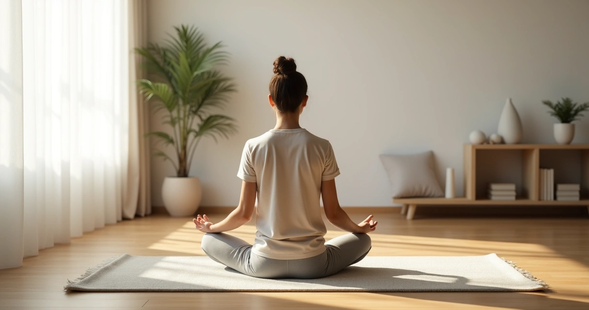 Pessoa sentada meditando em posição confortável em sala clara e minimalista 