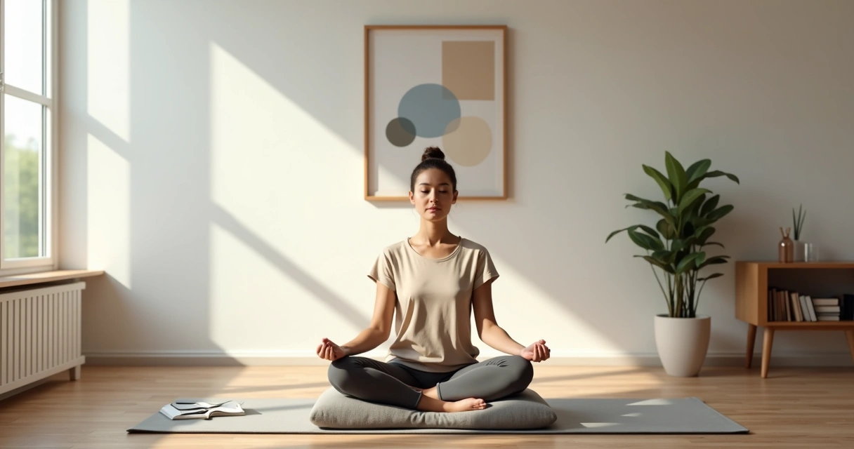 Mulher sentada meditando em sala simples e iluminada por luz natural 