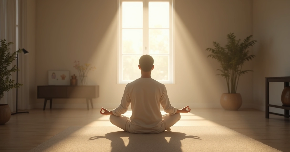 Pessoa sentada sozinha meditando em ambiente iluminado, postura tranquila e expressão serena