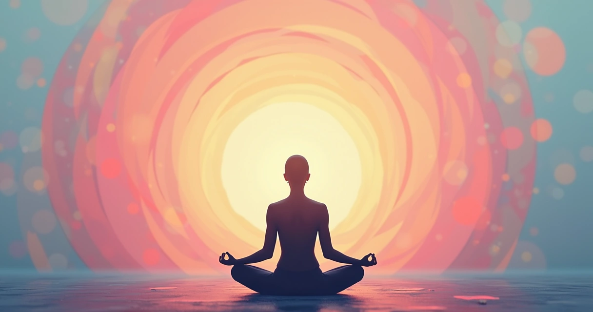 Pessoa meditando à frente de círculos coloridos simbolizando integração de emoções 