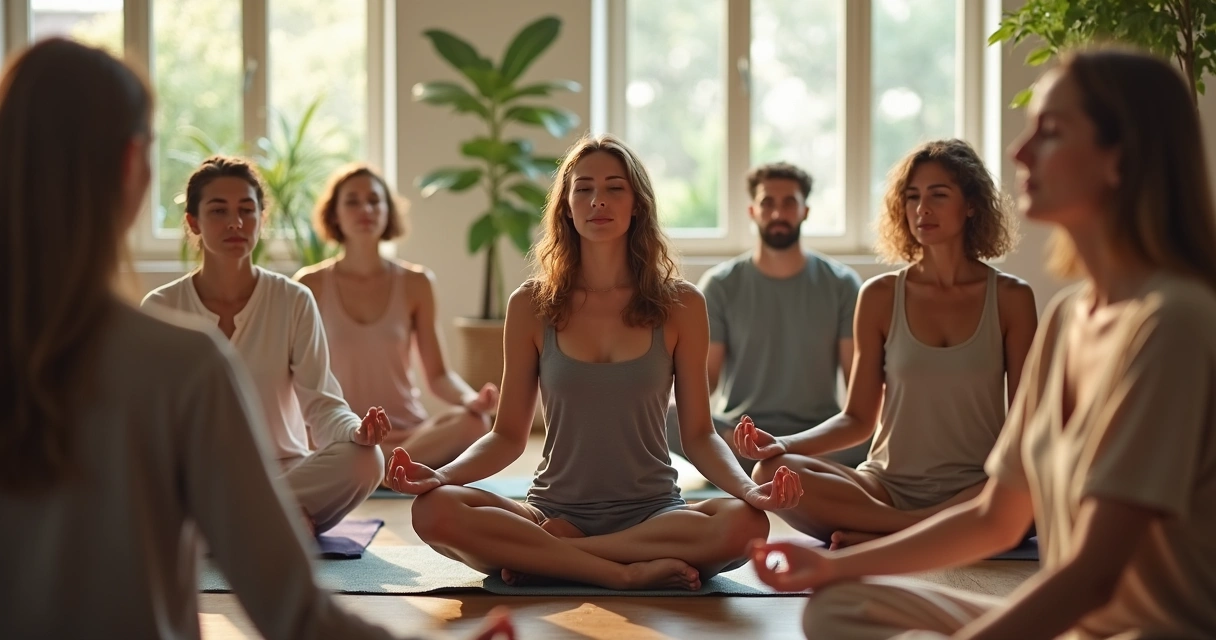 Pessoas sentadas em círculo meditando em um ambiente iluminado.