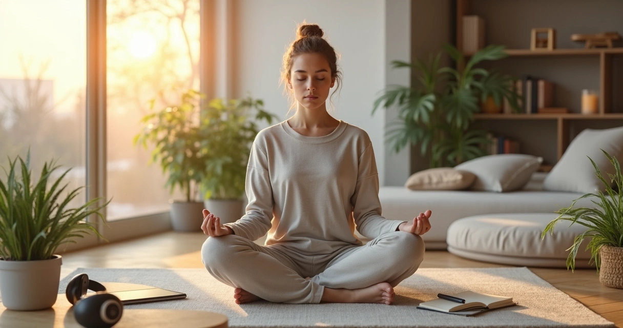 Pessoa meditando em casa com elementos de tecnologia e natureza ao redor 