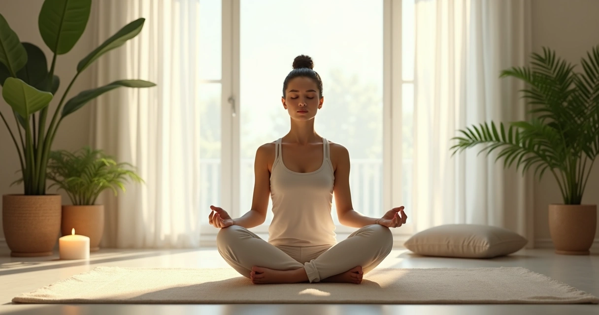 Pessoa sentada em posição de meditação, olhos fechados, mãos sobre os joelhos, em ambiente claro com plantas ao redor 