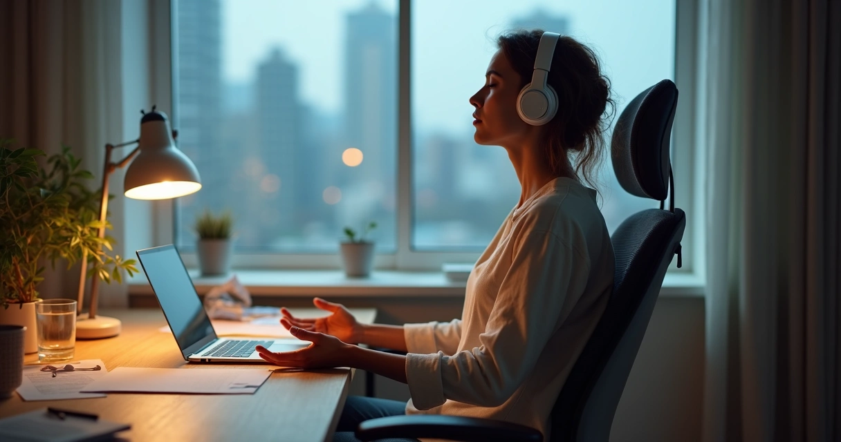 Mulher em mesa de escritório praticando meditação com fone de ouvido e luz suave 
