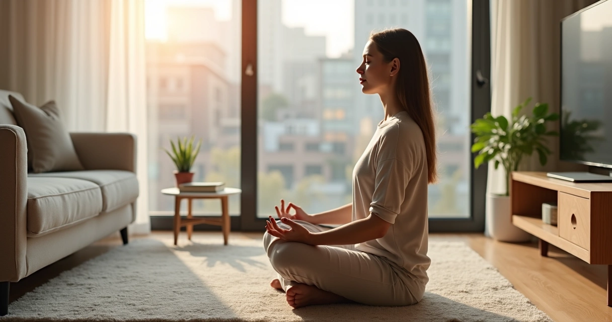 Pessoa sentada em meditação em sala de estar, com luz suave e expressão serena 