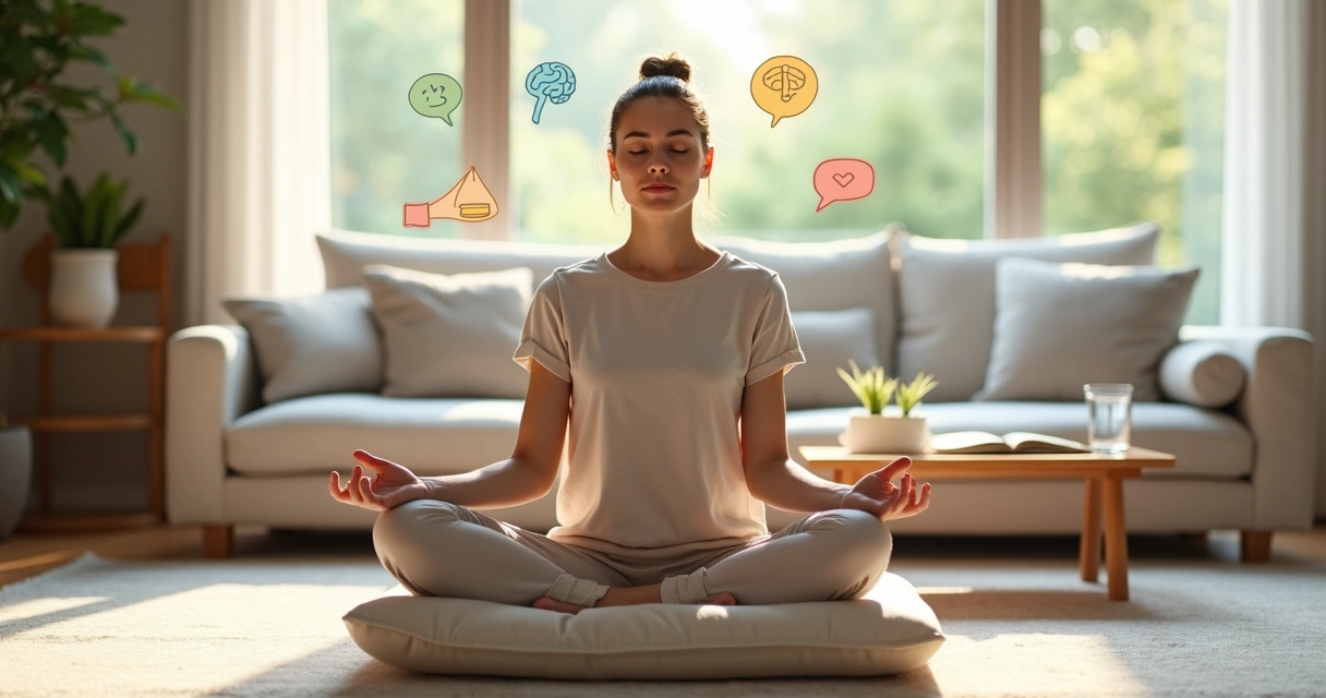 Pessoa meditando em sala de estar com ícones sutis representando emoções ao redor 