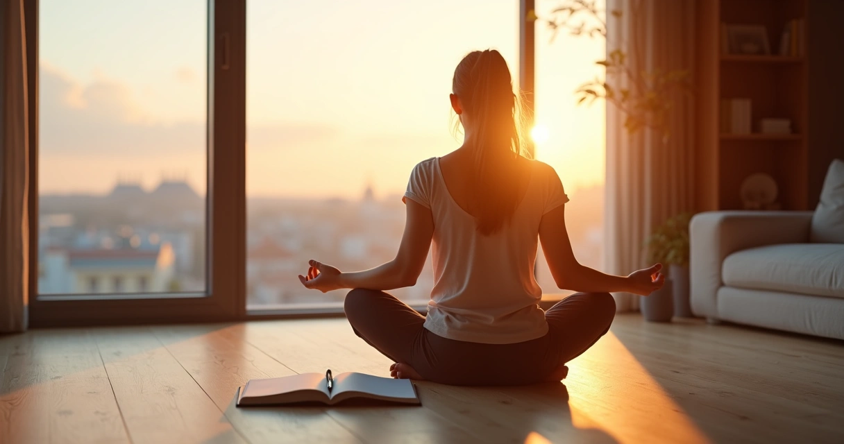 Pessoa meditando ao amanhecer com foco e caderno de autodesenvolvimento ao lado 