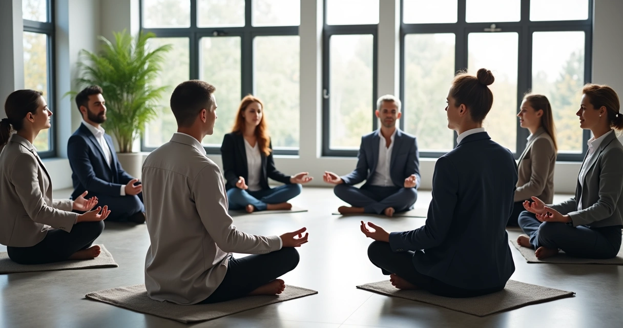 Equipe corporativa praticando meditação em sala de reunião