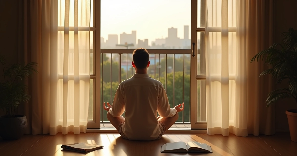 Estudante sentado na varanda meditando com luz suave, livros ao lado 