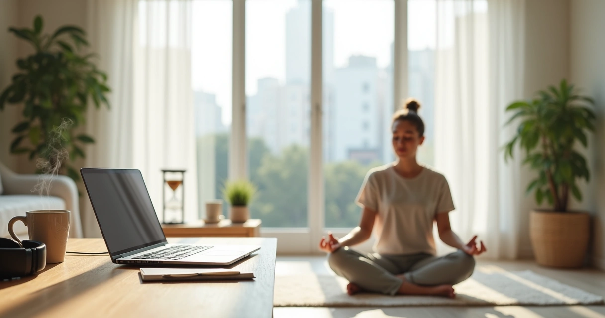 Profissional em home office em breve pausa de meditação ao lado da mesa de trabalho 