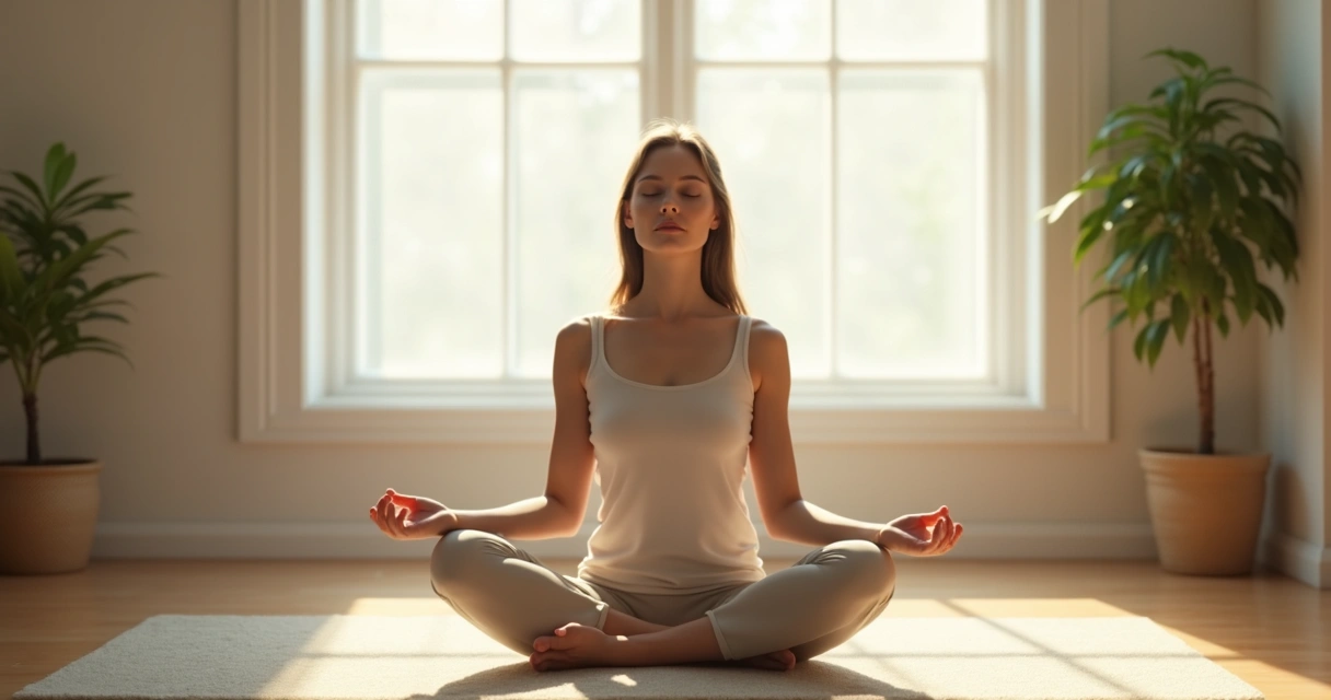 Pessoa sentada em posição de meditação em ambiente tranquilo e iluminado, transmitindo introspecção e serenidade 