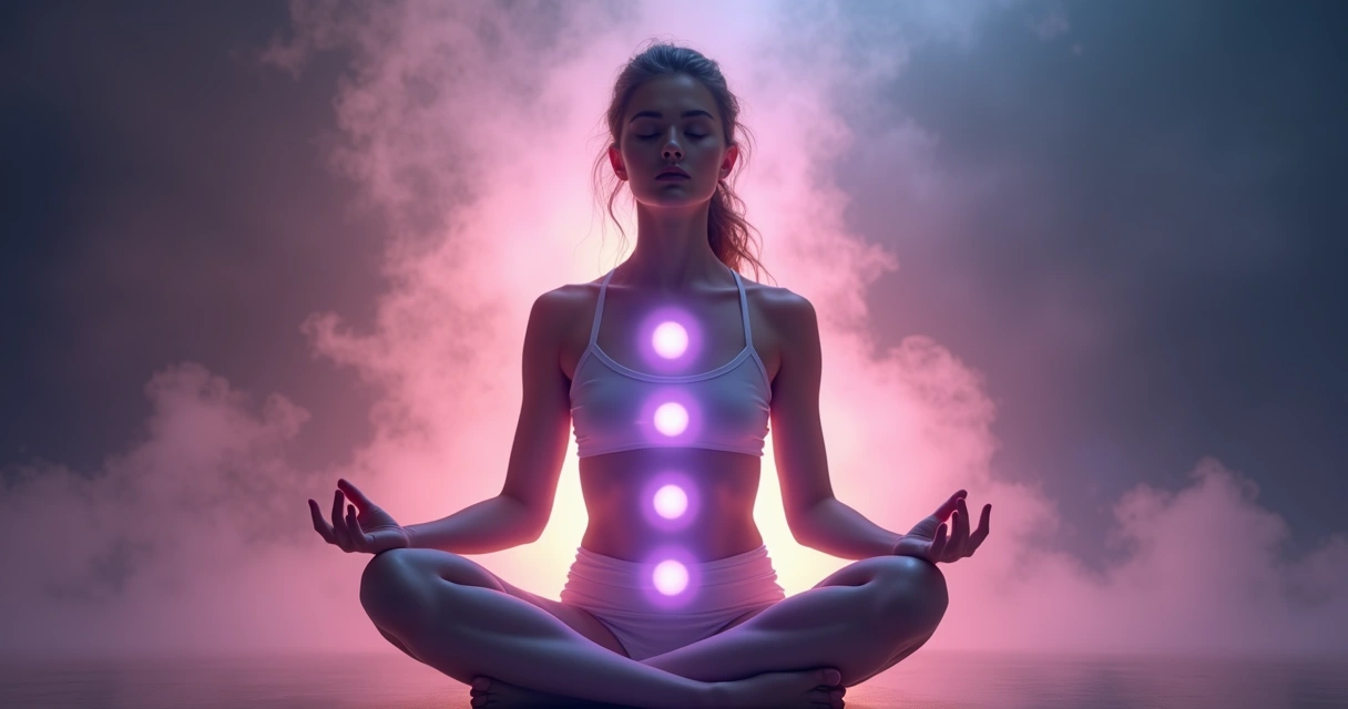 Pessoa de olhos fechados em posição de meditação, luz rosa suave ao redor 