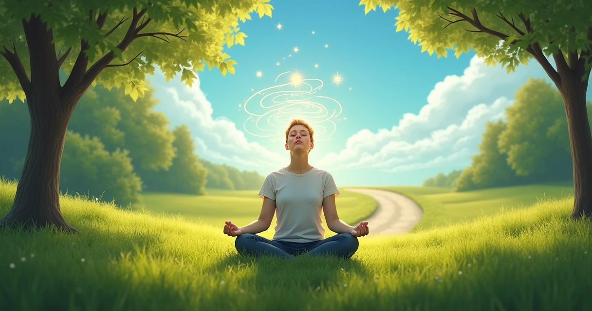 Pessoa meditando em um campo verde com luz suave e vagos de luz representando intuição.