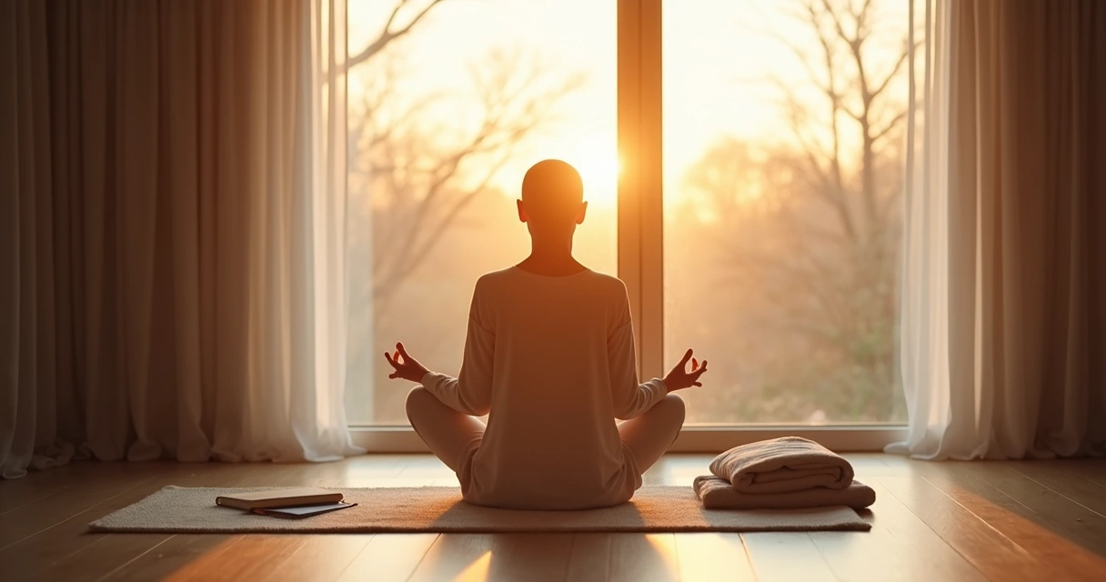 Pessoa sentada em meditação perto da janela ao amanhecer