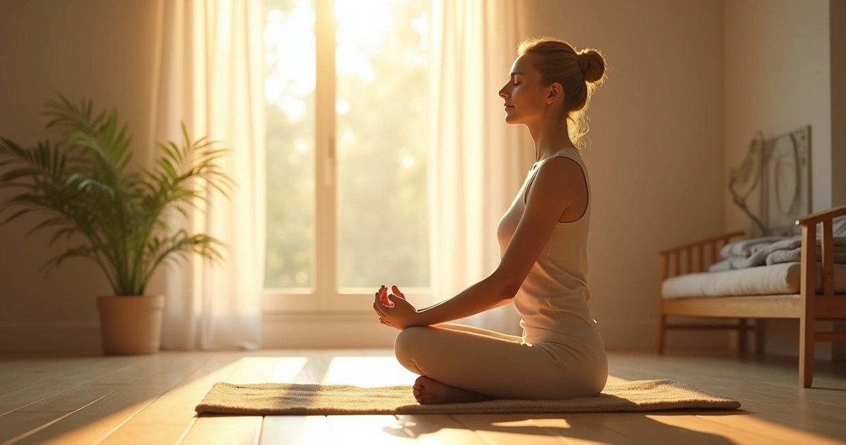 Pessoa meditando perto de janela com luz da manhã
