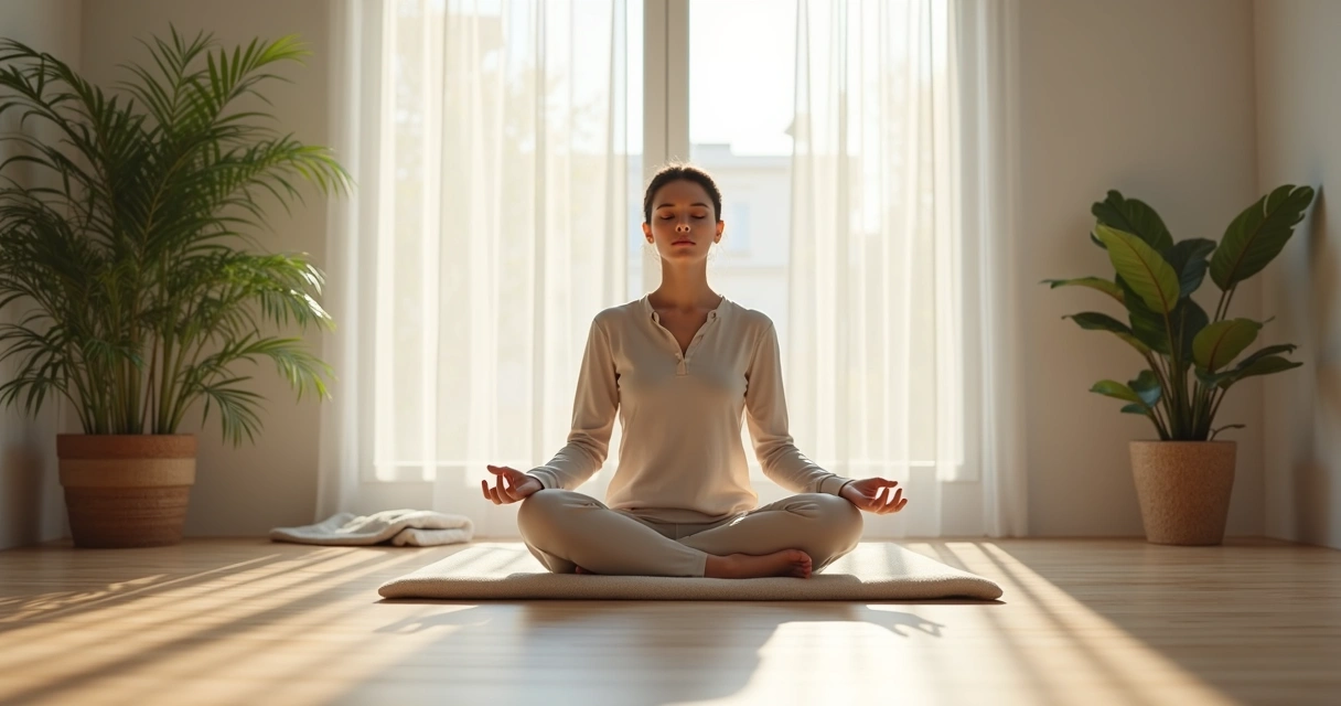 Pessoa sentada meditando perto de uma janela com luz suave e ambiente calmo 